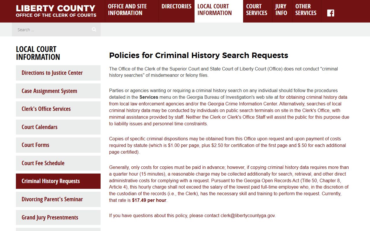 Liberty County Clerk of Courts criminal history record policy