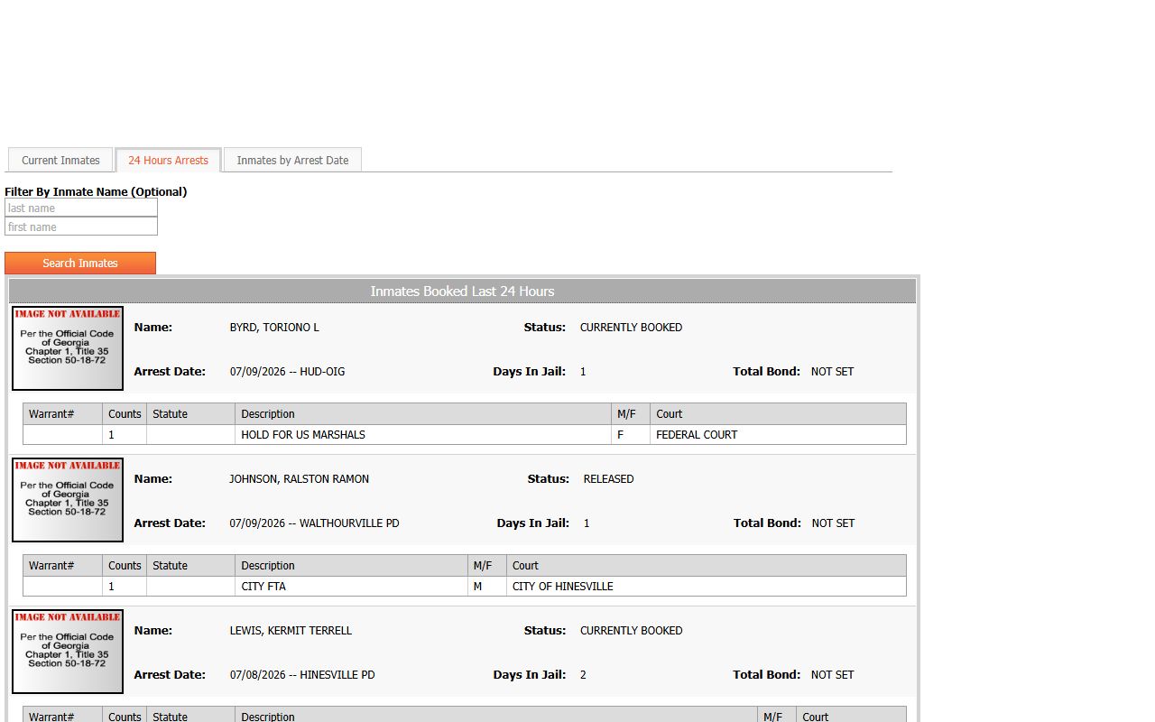 Liberty County arrest records 24-hour arrest roster showing charges and court fields