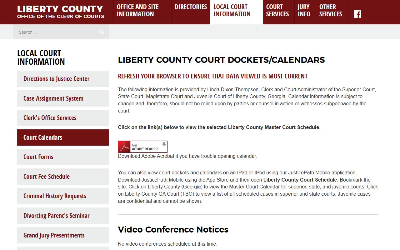 Liberty County court dockets Clerk calendar page