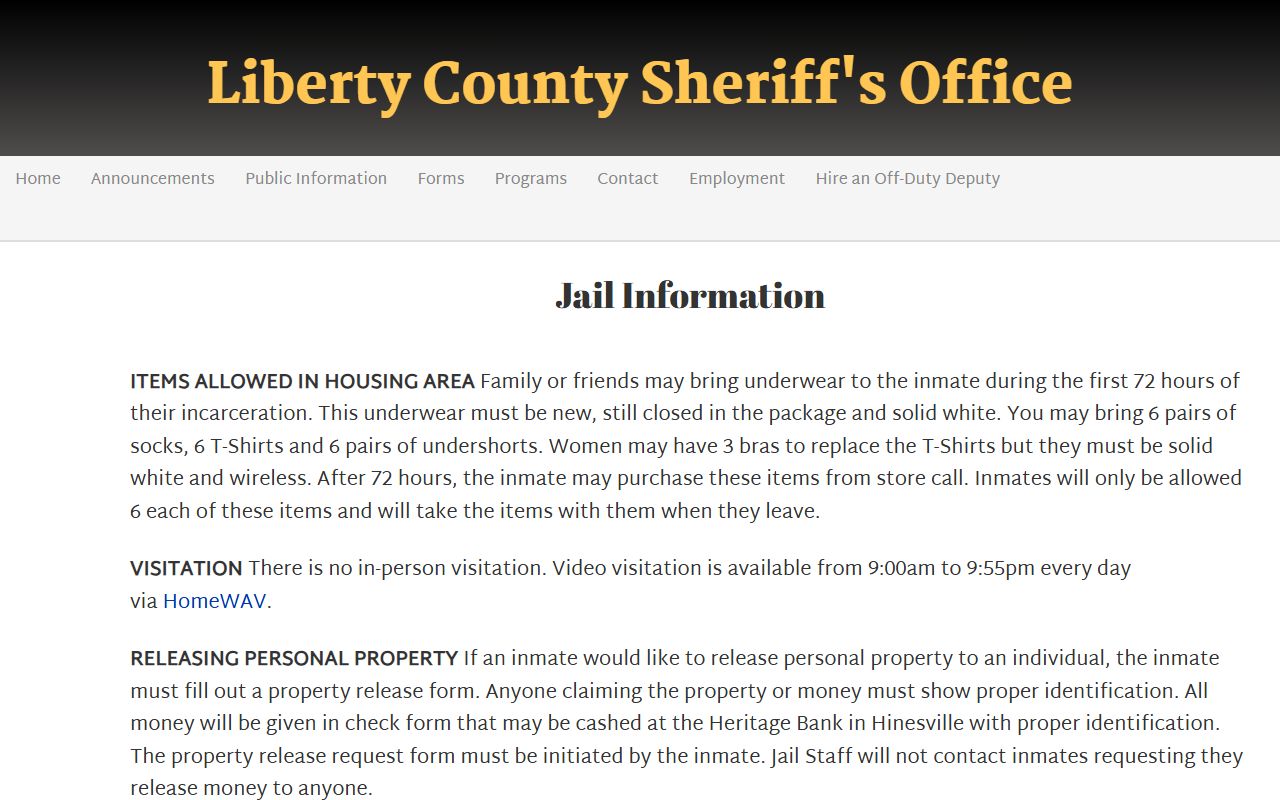 Liberty County inmate records HomeWAV visitation commissary property and jail hours