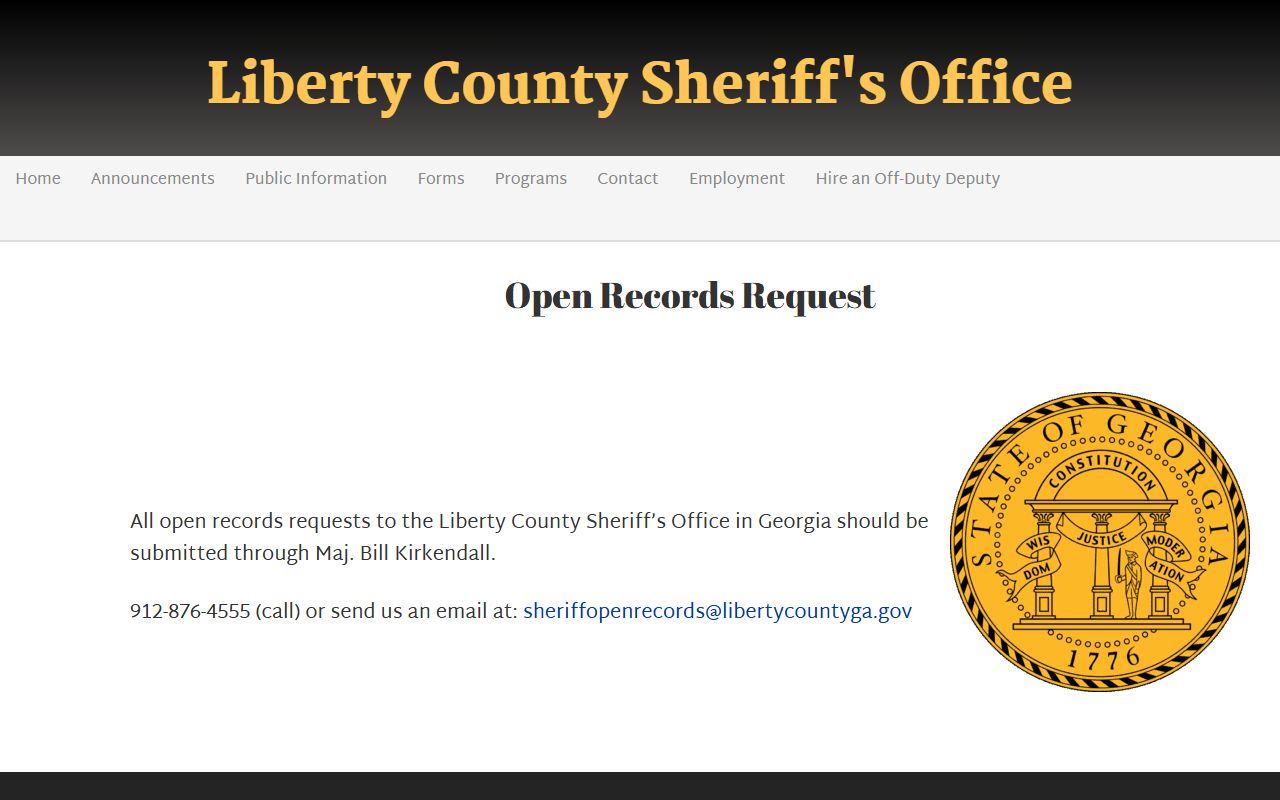 Liberty County warrant records Sheriff's open-records instructions for Maj. Bill Kirkendall